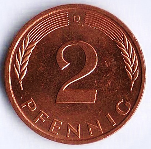 Монета 2 пфеннига. 1995(D) год, ФРГ.