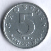 Монета 5 грошей. 1987 год, Австрия.