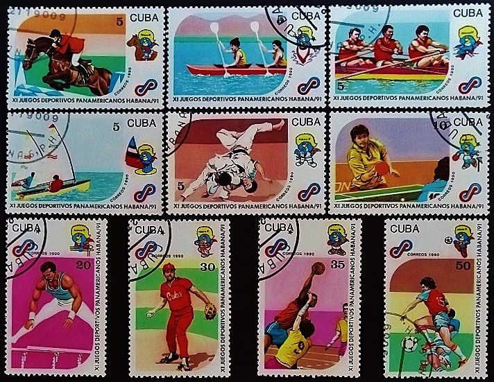 Набор почтовых марок (10 шт.). "XI Панамериканские игры". 1990 год, Куба. Набор почтовых марок (10 шт.). "XI Панамериканские игры". 1990 год, Куба.