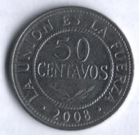 Монета 50 сентаво. 2008 год, Боливия.