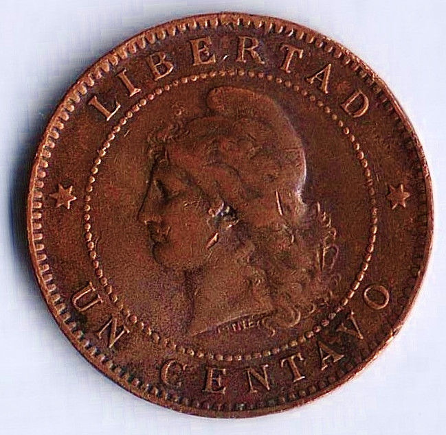 Монета 1 сентаво. 1890 год, Аргентина.