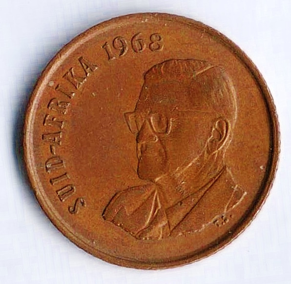 Монета 2 цента. 1968 год, ЮАР. Suid-Afrika.
