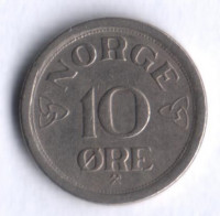 Монета 10 эре. 1957 год, Норвегия.