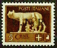 Марка почтовая. "Ромул и Рем с волчицей ("G.N.R.")". 1943 год, Италия (Социальная Республика).