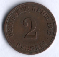 Монета 2 пфеннига. 1912 год (A), Германская империя.