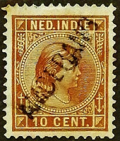 Почтовая марка (10 c.). "Королева Вильгельмина". 1895 год, Нидерландская Ост-Индия.