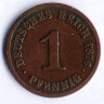 Монета 1 пфенниг. 1876 год (C), Германская империя.