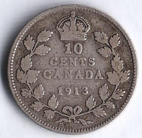 Монета 10 центов. 1913 год, Канада.