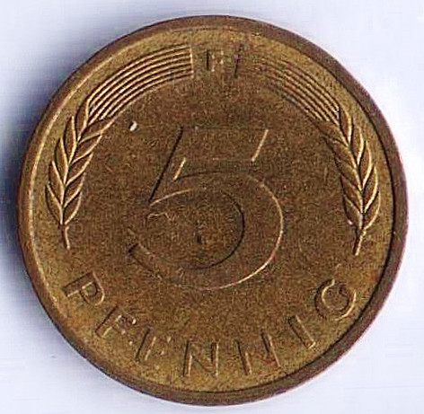 Монета 5 пфеннигов. 1981(F) год, ФРГ.