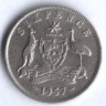 Монета 6 пенсов. 1957(m) год, Австралия.