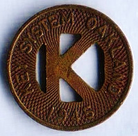 Транспортный жетон. 1945 год,  г. Окленд (компания "Key System Ltd").