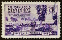 Почтовая марка. "100 лет открытия месторождений золота в Калифорнии". 1948 год, США.