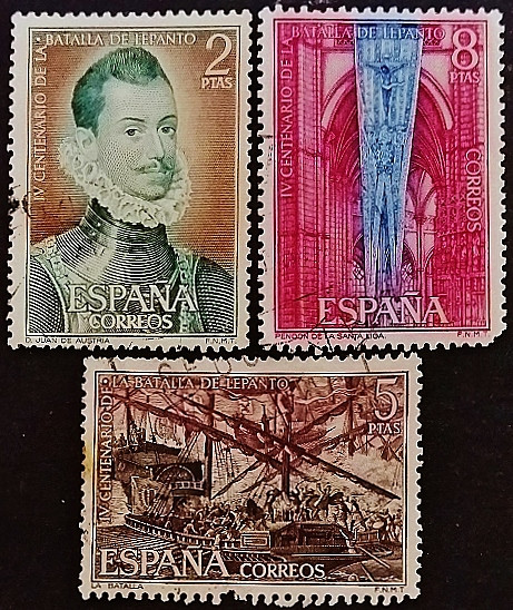 Набор почтовых марок (3 шт.). "400-летие битвы при Лепанто". 1971 год, Испания.