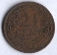 Монета 2-1/2 цента. 1913 год, Нидерланды. Монета 2-1/2 цента. 1913 год, Нидерланды.