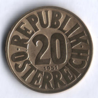 Монета 20 грошей. 1951 год, Австрия.