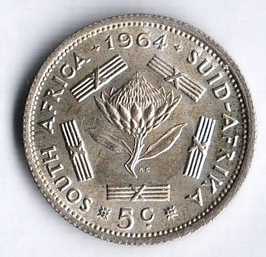 Монета 5 центов. 1964 год, ЮАР.