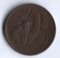 Монета 10 чентезимо. 1933 год, Италия.