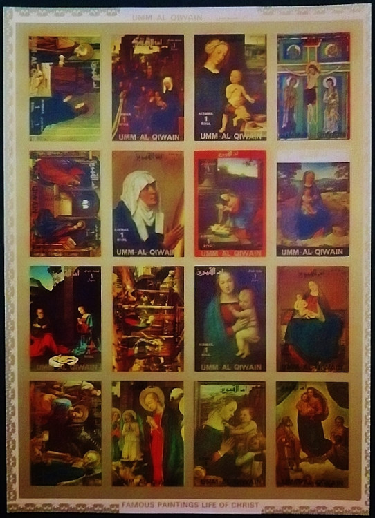 Блок марок (16 шт.). "Жизнь Христа: Живопись (II), (большой формат)". 1972 год, Умм аль-Кувейн. Блок марок (16 шт.). "Жизнь Христа: Живопись (II), (большой формат)". 1972 год, Умм аль-Кувейн.