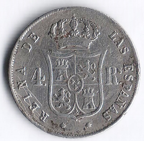 Монета 4 реала. 1861 год, Испания. Тип I.
