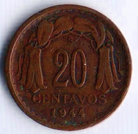 Монета 20 сентаво. 1944 год, Чили.