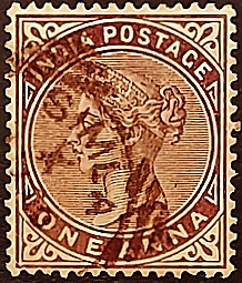 Почтовая марка (1 an.). "Королева Виктория". 1883 год, Британская Индия.