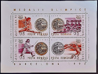Блок марок (4 шт.). "Летние Олимпийские игры,Барселона`1992 (медали)(I)". 1992 год, Румыния.
