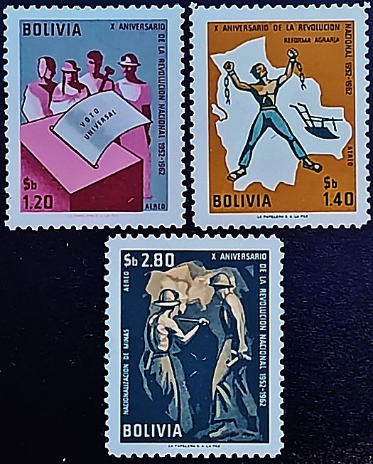 Набор марок (3 шт.). "10-я годовщина революции 9 апреля 1952 года (II)". 1963 год, Боливия.