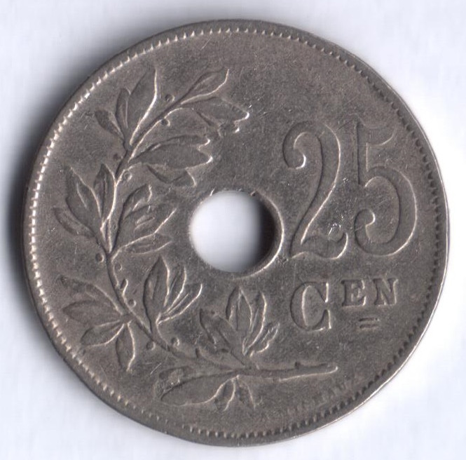 Монета 25 сантимов. 1921 год, Бельгия (Belgie).