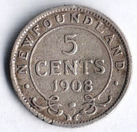 Монета 5 центов. 1908 год, Ньюфаундленд.