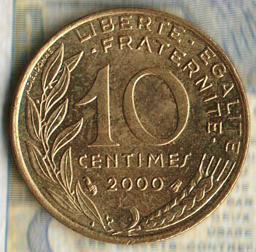 Монета 10 сантимов. 2000 год, Франция.