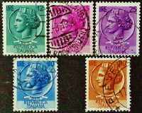 Набор марок (5 шт.). "Монета Сиракуз". 1953-1954 годы, Италия.
