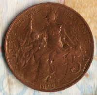 Монета 5 сантимов. 1899 год, Франция.