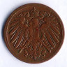 Монета 1 пфенниг. 1890 год (E), Германская империя.