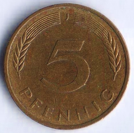 Монета 5 пфеннигов. 1981(J) год, ФРГ.