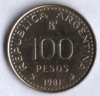 Монета 100 песо. 1981 год, Аргентина. Генерал Хосе де Сан-Мартин.