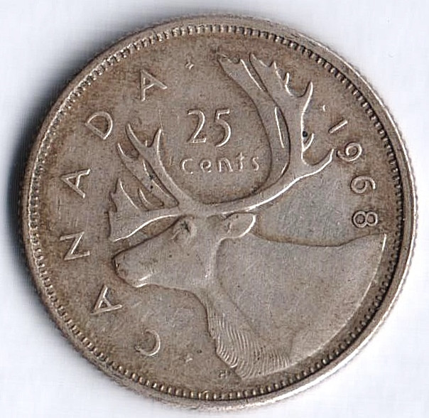 Монета 25 центов. 1968 год, Канада.