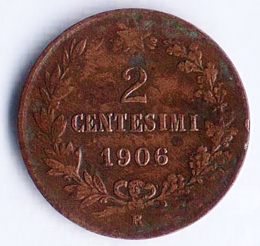 Монета 2 чентезимо. 1906(R) год, Италия.