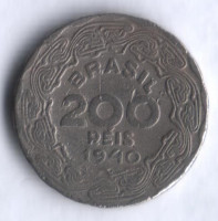 Монета 200 рейсов. 1940 год, Бразилия.