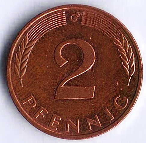 Монета 2 пфеннига. 1995(G) год, ФРГ.