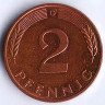 Монета 2 пфеннига. 1995(G) год, ФРГ.