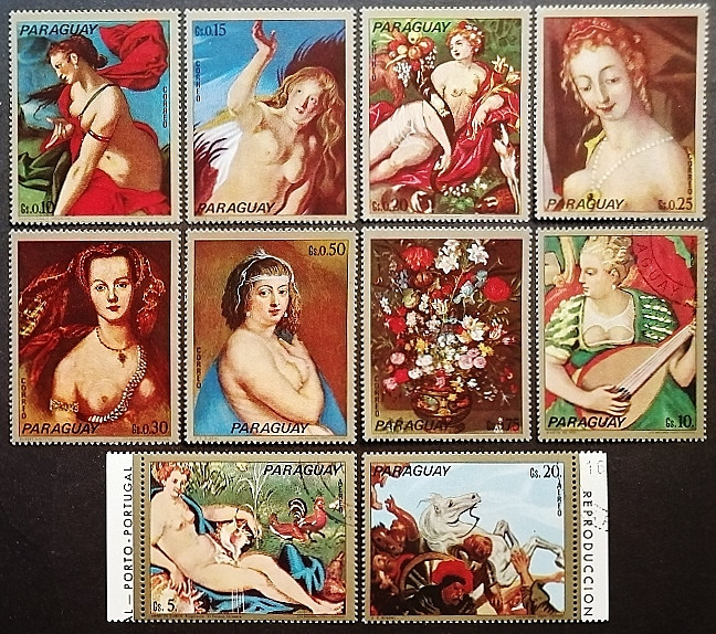 Набор почтовых марок (10 шт.). "Знаменитые фламандские картины". 1973 год, Парагвай.