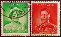 Набор почтовых марок (2 шт.). "Король Георг VI и королева Елизавета". 1937 год, Австралия.