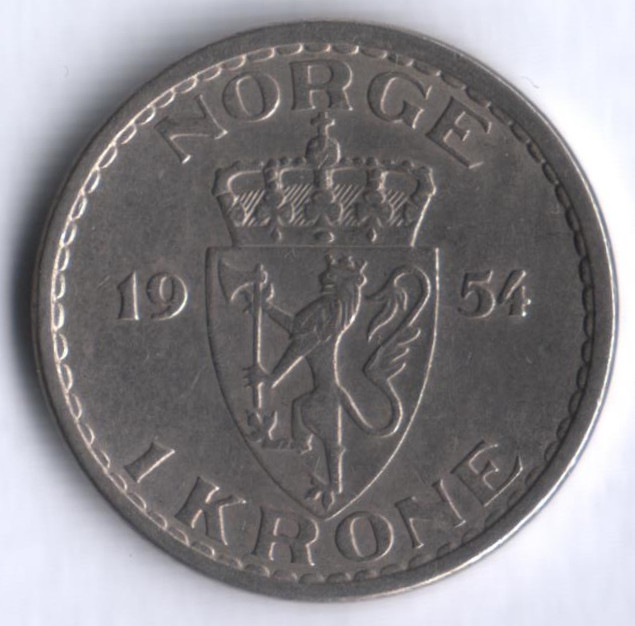 Монета 1 крона. 1954 год, Норвегия.