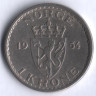 Монета 1 крона. 1954 год, Норвегия.