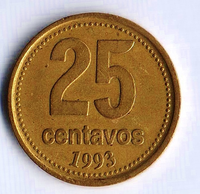 Монета 25 сентаво. 1993 год, Аргентина. Толстый шрифт.
