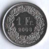 Монета 1 франк. 2008 год, Швейцария.