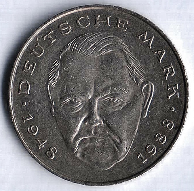 Монета 2 марки. 1989 год (J), ФРГ. Людвиг Эрхард.