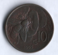 Монета 10 чентезимо. 1935 год, Италия.