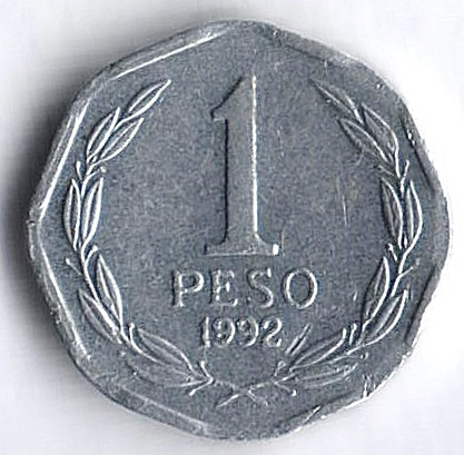 Монета 1 песо. 1992 год, Чили.