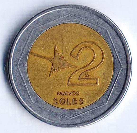 Монета 2 новых соля. 2002 год, Перу.